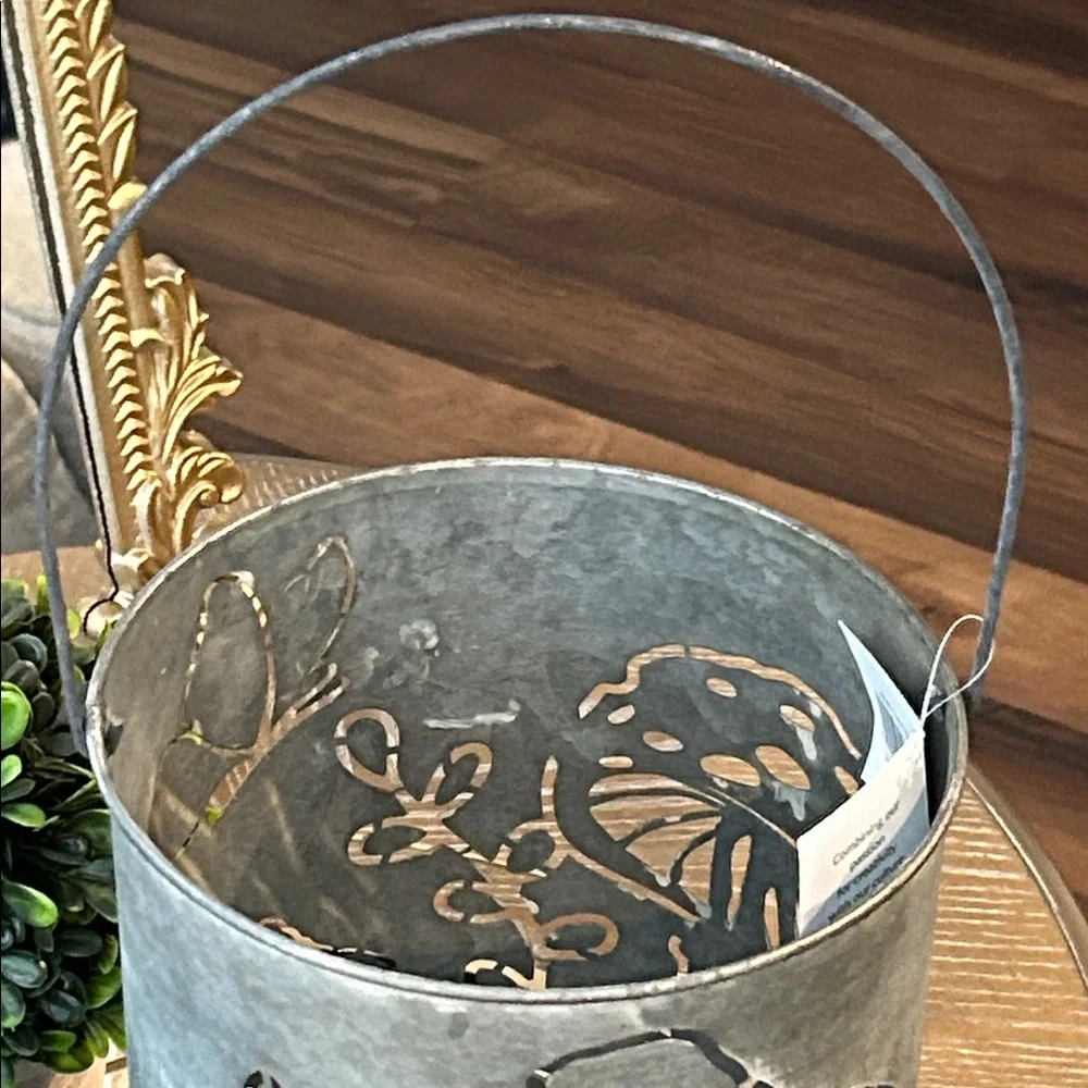 NEW! LARGE Cottage Garden Mushroom & Butterfly Rustic Galvanized Metal Lantern